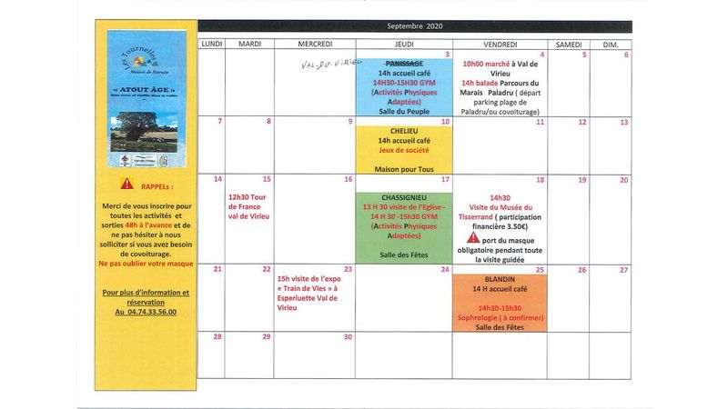 Calendrier des activités de "ATOUT AGE" pour le mois de septembre 2020