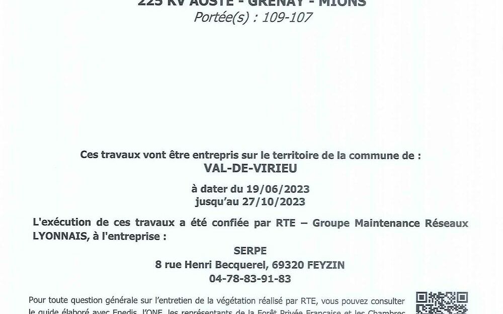 Travaux d'entretien de la végétation nécessaires au bon fonctionnement de la ligne à haute tension : 225 KV AOSTE-GRENAY-MIONS
