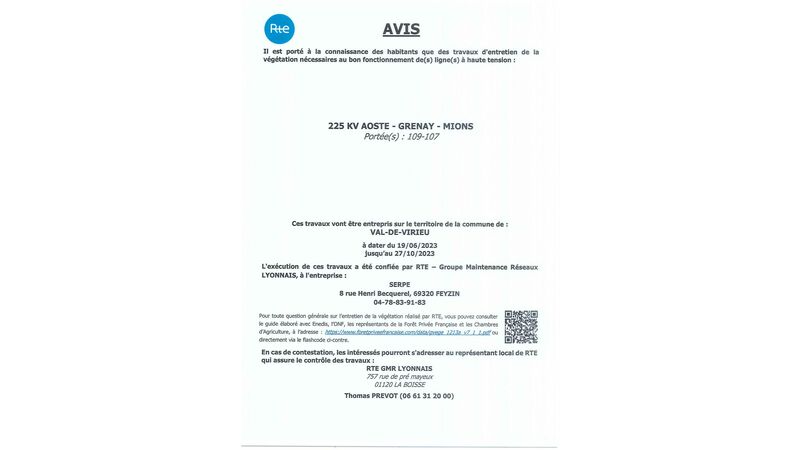 Travaux d'entretien de la végétation nécessaires au bon fonctionnement de la ligne à haute tension : 225 KV AOSTE-GRENAY-MIONS