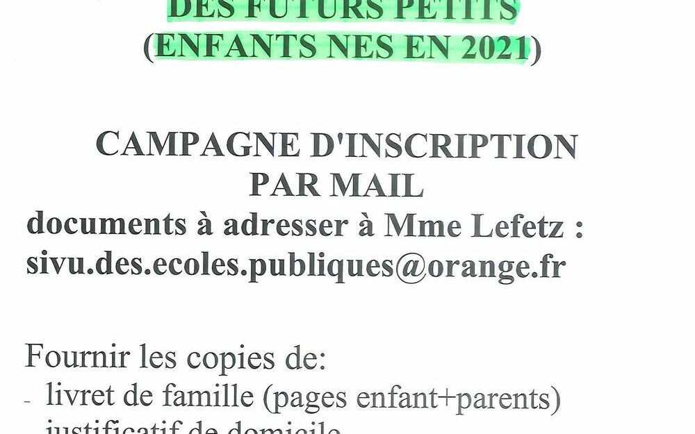Inscriptions à l'école publique des futurs petits (enfants nés en 2021) Rentrée de septembre 2024