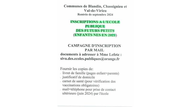 Inscriptions à l'école publique des futurs petits (enfants nés en 2021) Rentrée de septembre 2024