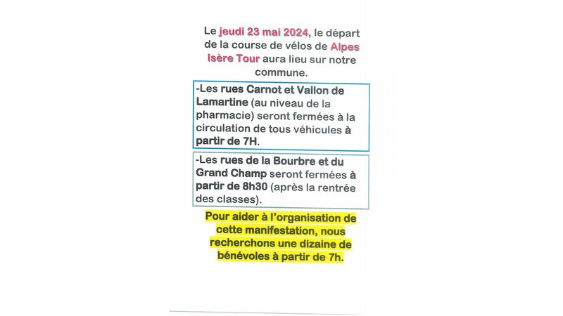 Le jeudi 23 Mai 2024, le départ de la course de vélos de Alpes Isère Tour aura lieu sur notre commune