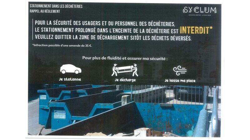 Pour la sécurité des usagers et du personnel des déchèteries, le stationnement prolongé dans l'enceinte de la déchèterie est INTERDIT.