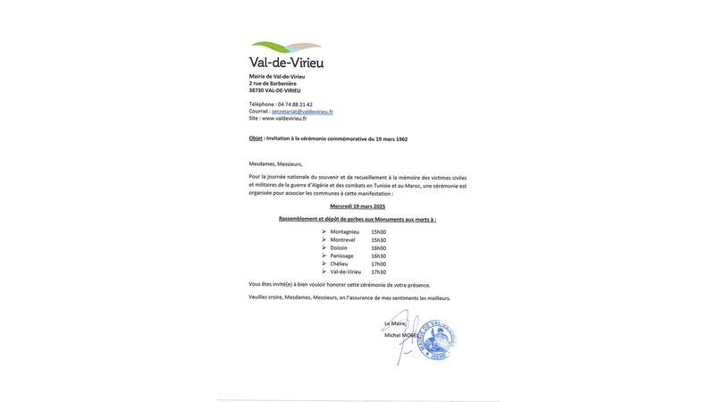 Invitation à la cérémonie commémorative du 19 mars 1962