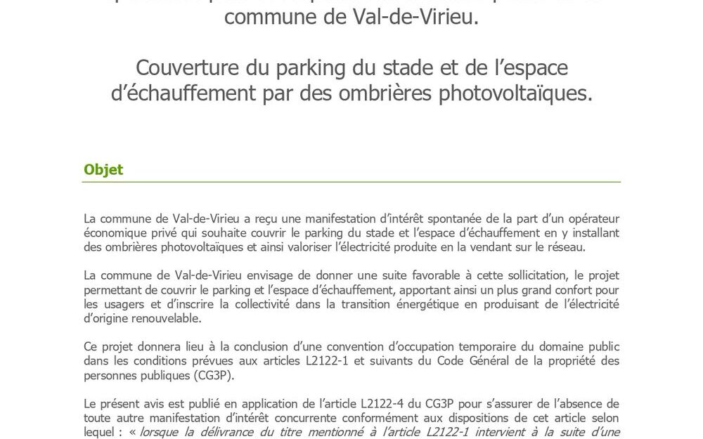 Avis de publicité à la suite d'une manifestation d'intérêt spontanée pour l'occupation du domaine public de la Commune de Val-de-Virieu.