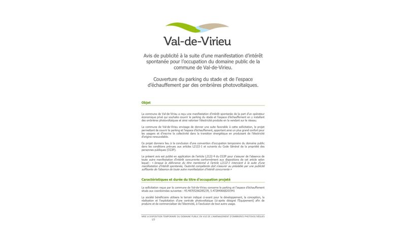 Avis de publicité à la suite d'une manifestation d'intérêt spontanée pour l'occupation du domaine public de la Commune de Val-de-Virieu.