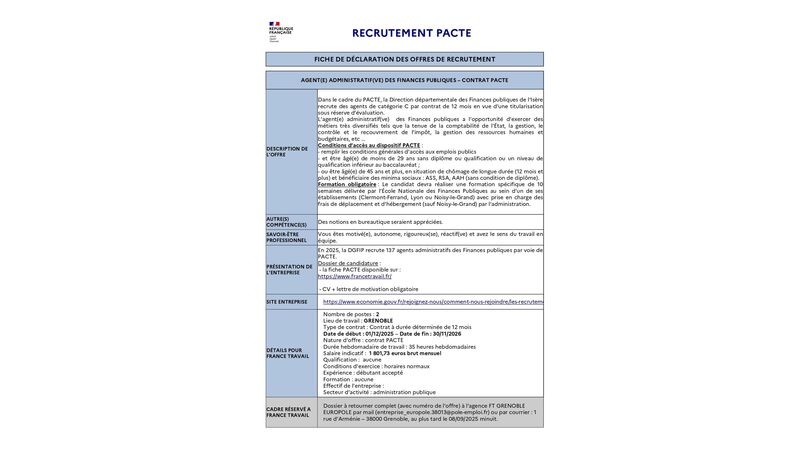Recrutement : Agent(e) administratif(ve) des finances publiques