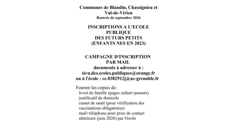 Rentrée de septembre 2026 - Inscriptions à l'école publique des futurs petits (enfants nés en 2023)