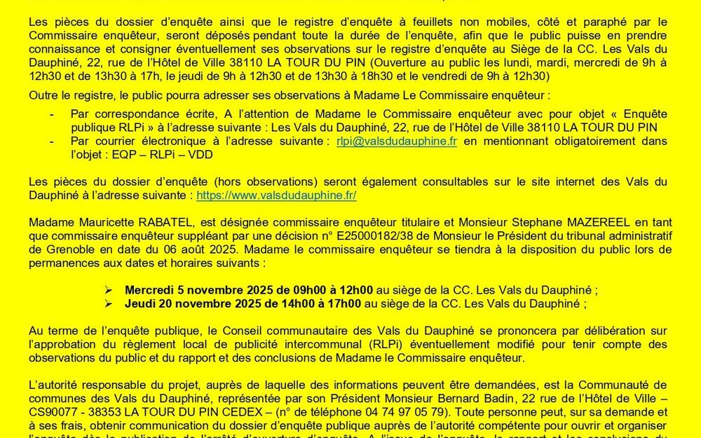 Avis d'enquête publique portant sur le Règlement Local de Publicité Intercommunal (RLPI) des Vals du Dauphiné