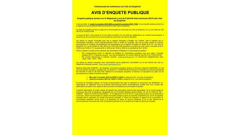 Avis d'enquête publique portant sur le Règlement Local de Publicité Intercommunal (RLPI) des Vals du Dauphiné